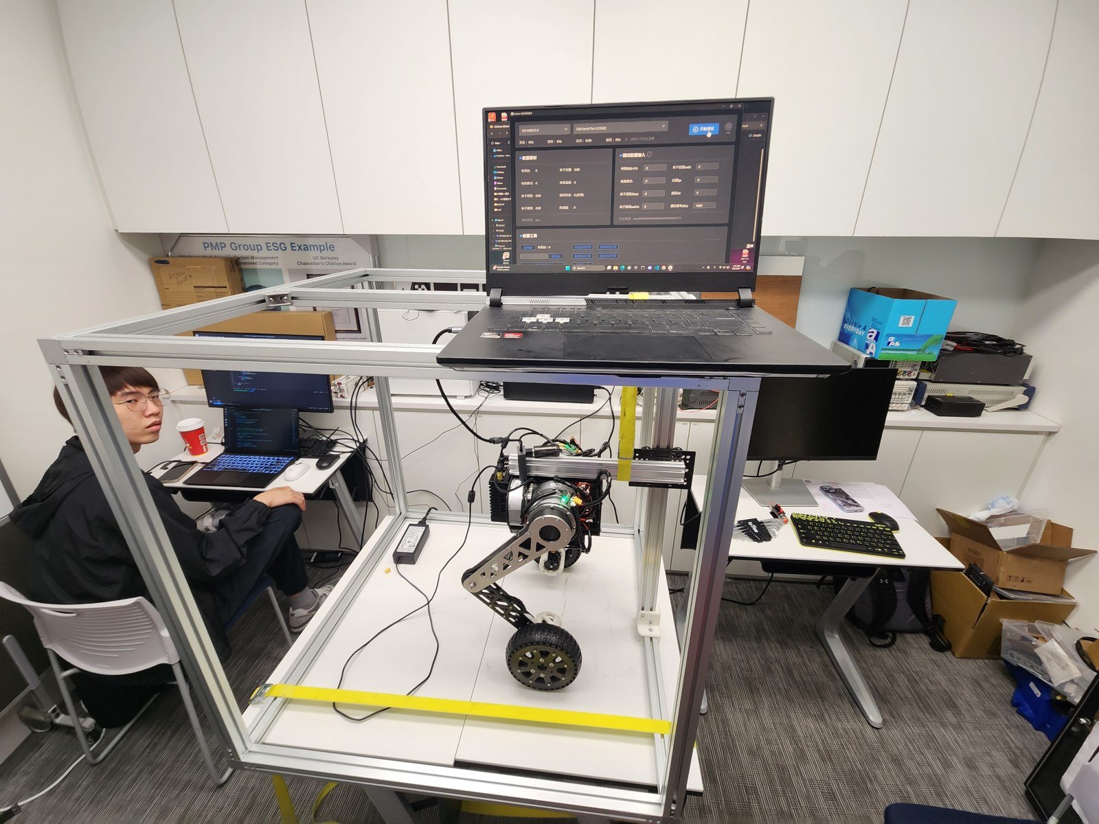 Bipedal city transport robot on a test rig in the lab